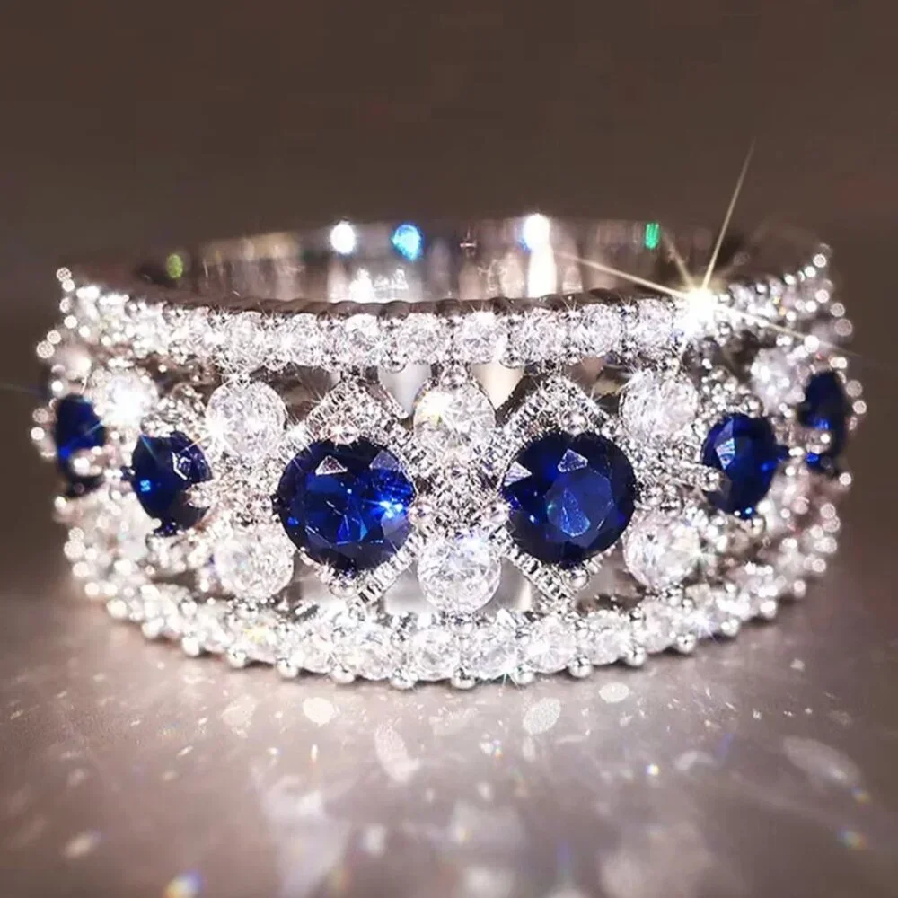 NEW 18k White Gold Blue Sapphire Diamond Ring Band